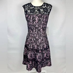 Kay Unger Cocktail Dress Fit & Flare Sleeveless Pink Black Lace Size 6 NWT - Picture 1 of 12