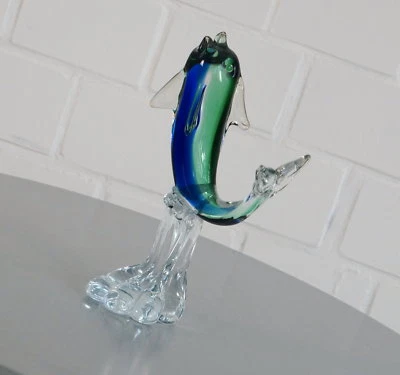 Murano Glas Fisch Delphin Figur Tier Skulptur auf Sockel 26 cm Vintage 70er J. - Bild 1 von 4