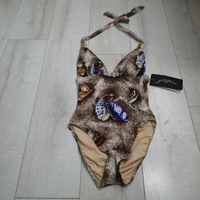 Traje de baño Gottex talla 10 estampado de concha de mar de una pieza negro marrón bronceado halter Foto 1 de 4