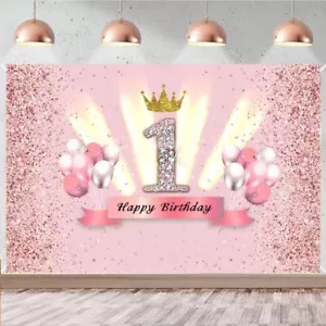 Girl First Birthday Party Backdrops Pink 1st Happy Birthday Photography Backg... - Picture 1 of 1