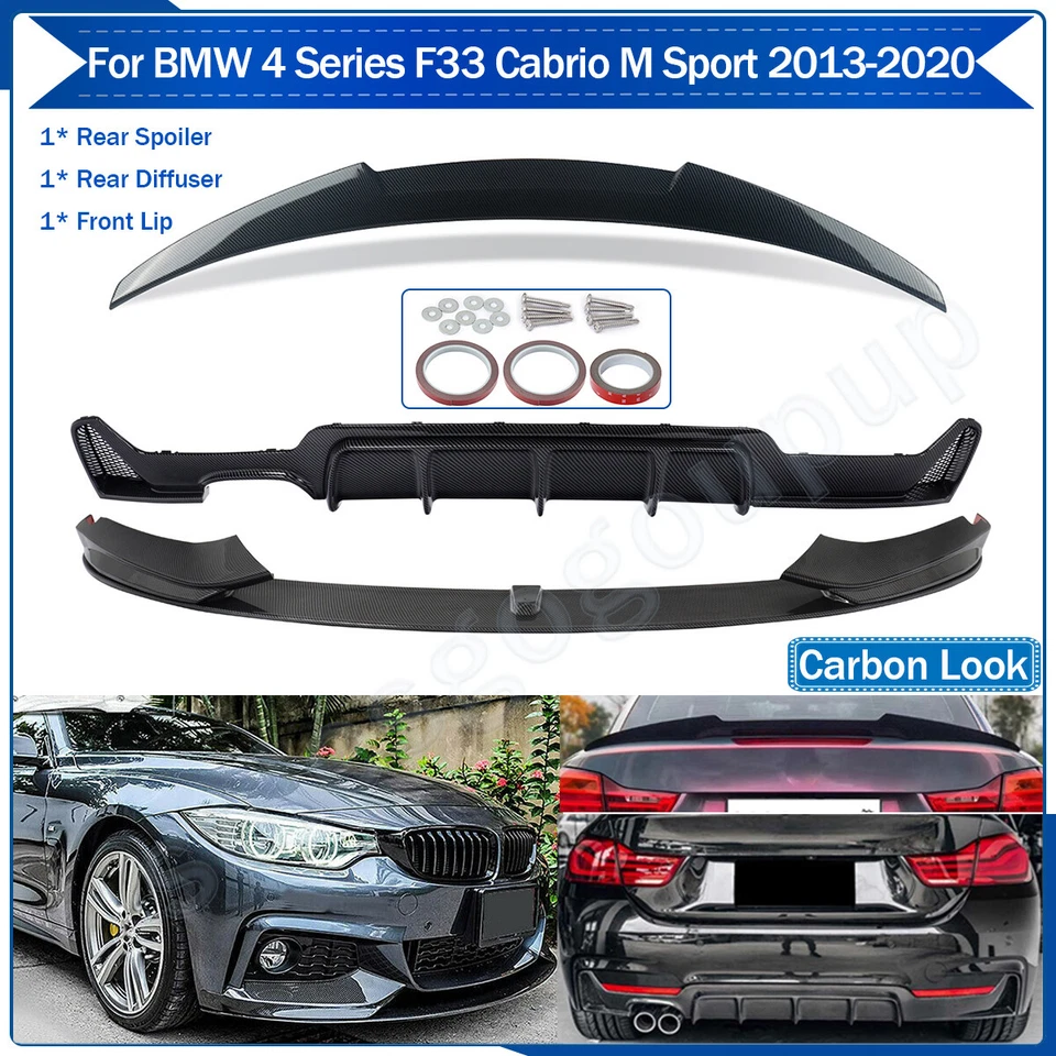 Fits 2013-20 BMW 435i 440i F33 M Sport Front+Rear Bumper Lip Spoiler Carbon Look Foto 1 de 4