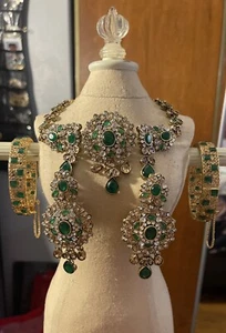 Indian Gold Plated Bollywood Style Mirror Glass Kundan Earrings Tikka Jewelry - Picture 1 of 5