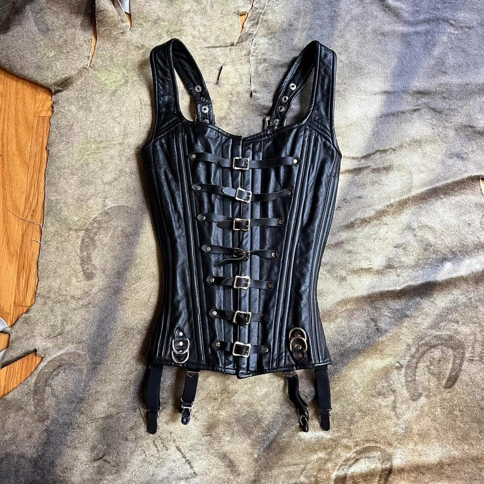 80s 90s vintage goth leather bucket boned coreset with garter belt size M - Image 1 of 4