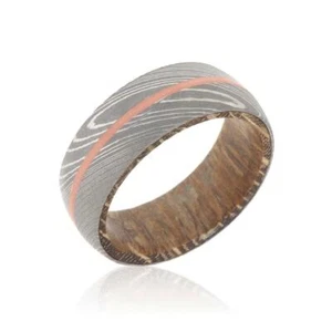 New 8mm Wide Damascus Steel Ring with Leopard Wood Sleeve and Rose Gold Inlay - Picture 1 of 4