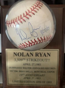MLB Autograph Ball Nolan Ryan Plaque 3,509th Strikeout April 27 1983 10th Ann - Picture 1 of 2