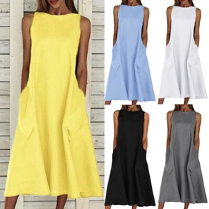 Plus Size Womens Ladies Summer Sleeveless Cotton Linen Kaftan Baggy Midi Dress - Picture 1 of 23