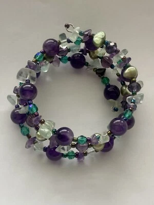 Memory Wire Bracelet with Amethyst, Rainbow Fluorite, and Freshwater Pearls - Image 1 of 2