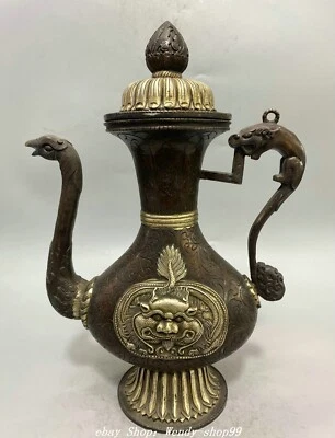 Antigua Dinastía China Cobre Plata Dragón Fénix Cabeza de León Vino Tetera Bandera Foto 1 de 4
