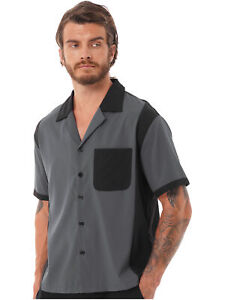 Mens Casual Retro Classic Short Sleeve Bowling Shirt Button Tops with Pocket