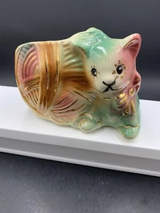 Kitten Cat Planter Midcentury Shawnee Yarn Vintage Green Pink Gold - Picture 1 of 9