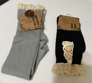 ICON Collection Knee High & Ankle Socks Blue & Black Crochet Ivory Lace Trim OS - Picture 1 of 11
