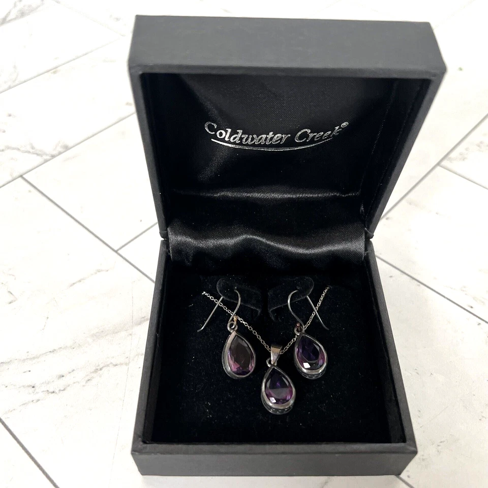 Coldwater Creek Ametista Viola & Argento Sterling Lacrima Set Orecchini Collana - Immagine 1 di 4