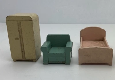 VTG Lot Strombecker Wood Dollhouse Furn Pink Bed Yellow Wardrobe Green Armchair - Image 1 of 4