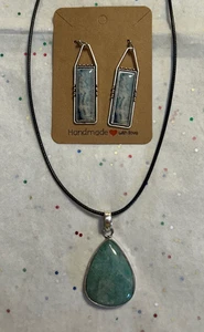 Grüner Amazonit Edelstein 925 Sterling Silber Platte Anhänger + modische Ohrringe - Bild 1 von 8