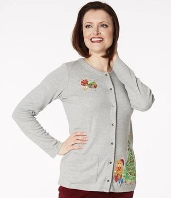 QUAKER FACTORY Embellished Christmas Gray Snap Front Sweatshirt 2X Holiday Tree - Image 1 of 4