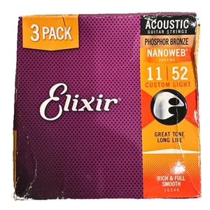 Paquete de 3 cuerdas acústicas Elixir 16544 Nanoweb luz personalizada 11-52 bronce fósforo - Imagen 1 de 3