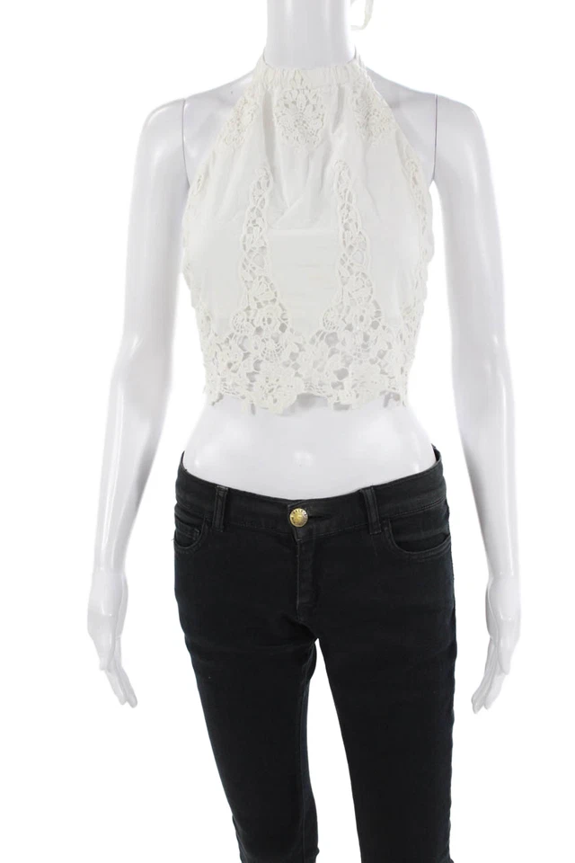 Miguelina Womens Cotton Floral Lace Halter Neck Crop Top Solid White Size XS - Image 1 of 4
