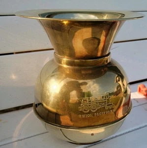 Vtg Union Pacific RR Railroad Brass Locomotive Train Spittoon 10x9 Dbl Embossed - Picture 1 of 3