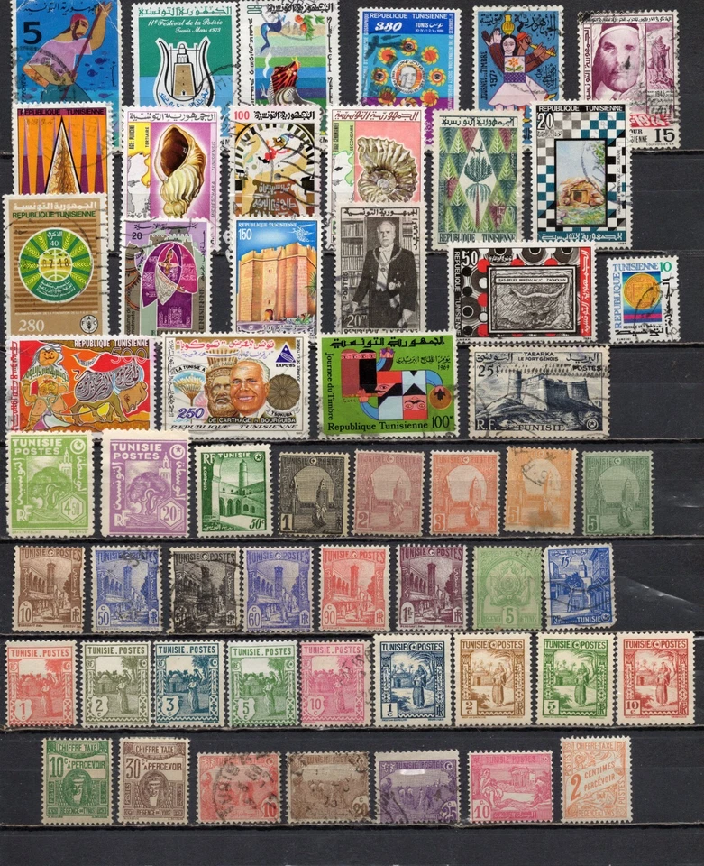 TUNISIA.   COLLECTION BUILDER OF 54 ALL DIFFERENT. VINTAGE TO MODERN ERA STAMPS. - Image 1 of 1