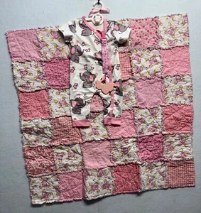 Baby Girl Elephant Print Romper With Matching Teether & Pink Patchwork Quilt Bla - Picture 1 of 13