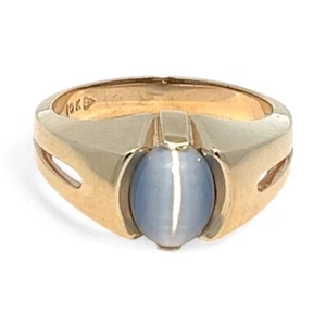 10k Yellow Gold Synthetic White/Light Blue Cat's Eye Ring Size 9.25 (KS1016386) - Picture 1 of 6