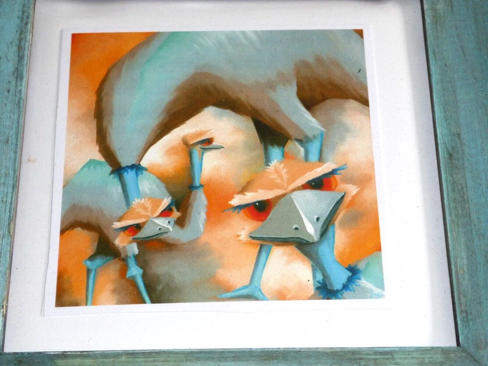 3 Cheeky Sticky Beek Emus by Nicky Fabiszak Blue Finish Wood Framed Print 24cm - image 1 of 4