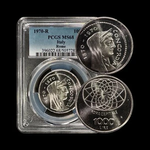 ITALY. 1970, 1000 Lire, Silver - PCGS MS68 - Top Pop 🥇 Rome Capital, Concordia - Picture 1 of 5