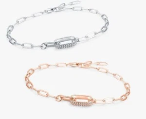 STERLING SILVER 925 BRACELET CREATED CZ STONE PAPER CLIP GEOMETRIC CHINE LINK - Picture 1 of 10