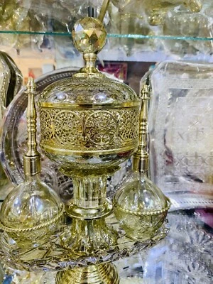 Handmade Moroccan Brass Incense Burner With 2  rosewater bottles, Luxury Decor - Image 1 of 4