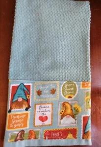 New Kitchen TOWEL APPLIQUED Aqua Blue 100% cotton Happy welcome Gnomes - Picture 1 of 4