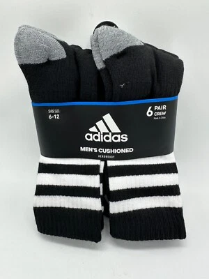 NUEVO PAQUETE DE 6 PARES DE CALCETINES ADIDAS PARA HOMBRE CREW TRES RAYAS TALLA 6-12 ACOLCHADOS NEGRO/WH Foto 1 de 4