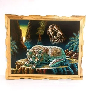 Vintage Ernesto Sanchez Signed Acrylic on Black Velvet Wolf and Native American - Picture 1 of 5