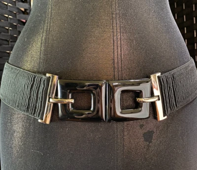 Vintage CHICOS Black STRETCH BELT Mod SQUARE ACRYLIC BUCKLE MEDIUM 35-38" Waist - Image 1 of 4