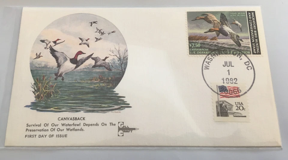 Jul 1 1982 RW49 $7.50 Canvasbacks Duck FDC  Washington DC Cancellation - Image 1 of 1