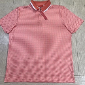 Redvanly Polo Shirt Mens Large Short Sleeve Coral Allover Geo Print Golf Collar - Picture 1 of 8