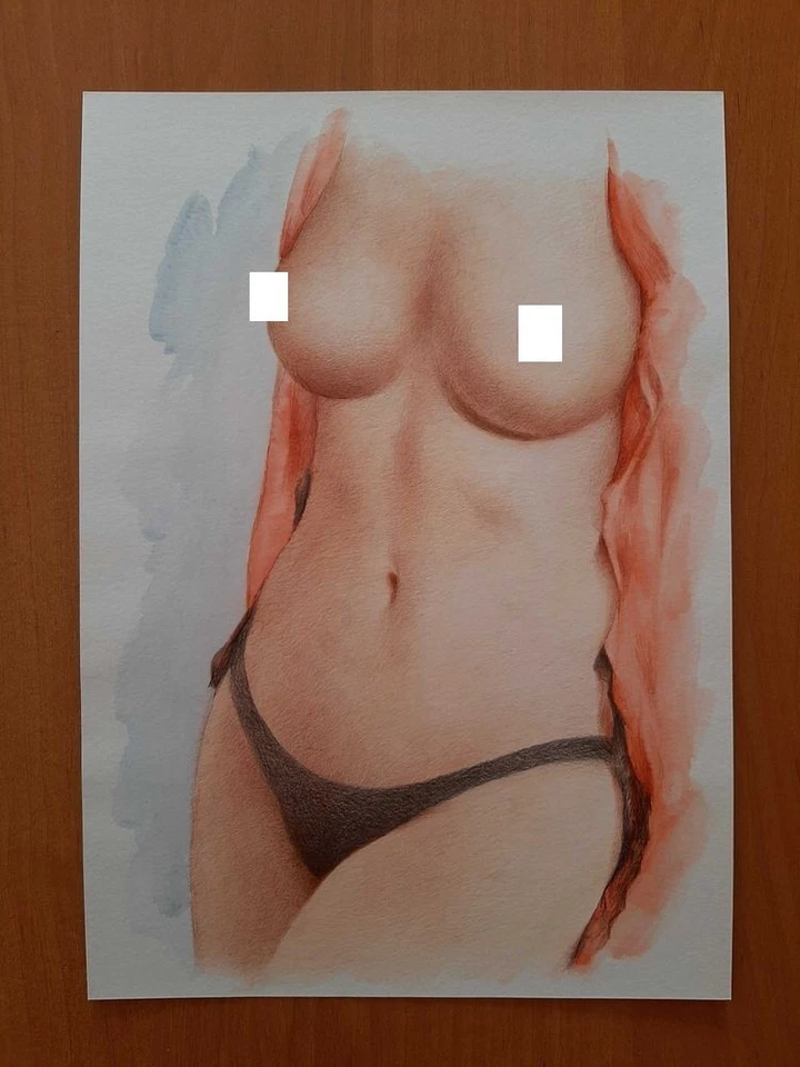 Original color drawing pinup girl woman breast - Image 1 of 1