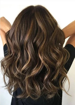 Cabelo humano real nova moda feminina em camadas longas marrom escuro ondulado perucas completas 24 polegadas - Imagem 1 de 4