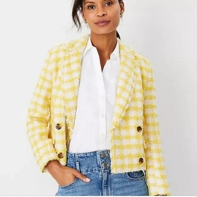 Ann Taylor Plaid Fringe Tweed Double Breasted Jacket Yellow & White 14 - Image 1 of 4