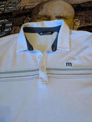 Polo de golf de manga corta Travis Mathew para hombre talla L blanco verde azulado a rayas Foto 1 de 4