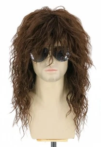 Men Wigs 80s Mullet Wig Long Brown Curly for Rock Disco Party Costume - Picture 1 of 4