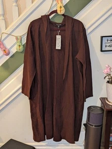Eileen Fisher Brown Hooded Lightweight Boiled Wool Jacket Long NEW Sweater XL - Picture 1 of 16