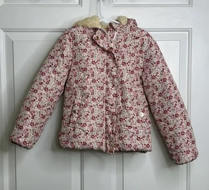TAHARI Steppjacke + Kapuze Mädchen 5 Kunstfell gefüttert Blumen rosa beige LESEN - Bild 1 von 13