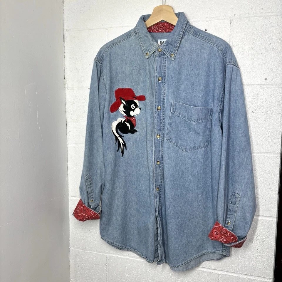Vintage 90s Cowboy Skunk Denim Bandana Button Down Western Shirt - Image 1 of 4