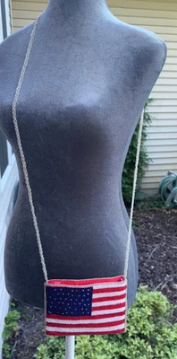 American Flag Small Glass Beaded Crossbody Purse Bag Silk Lining Patriotic USA - Image 1 of 4