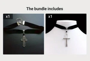 Gothic black velvet choker Necklace Set 2 Pieces Cross And Ankh pendant, bundle - Picture 1 of 7