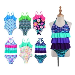 Girls Swimming Suit V Neck Halter Neck Sleeveless Fish Scales Print Tops+Briefs - Picture 1 of 28