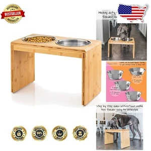 Natural Bamboo 12" Elevated Pet Feeder with 4 Hygienic Stainless Steel Bowls - Picture 1 of 11
