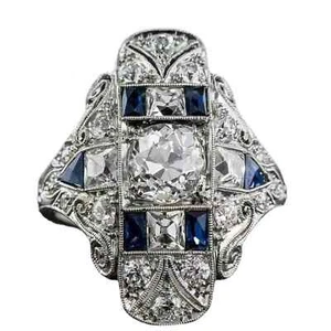 Art Deco Lab Created Sapphire Diamond Bridal Wedding Ring 14K White Gold Finish - Picture 1 of 11