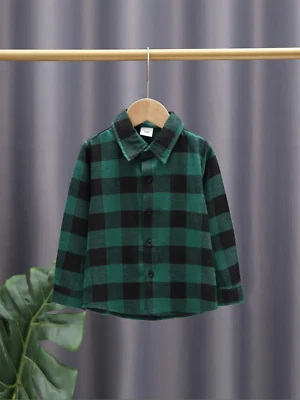 Blusa de manga larga verde de guinga para niños pequeños | 7T niño otoño invierno Foto 1 de 4