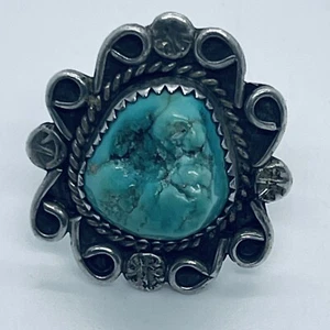 Vintage (1930s) Fred Harvey Era Handmade Navajo Silver Turquoise Nugget Ring - Picture 1 of 7